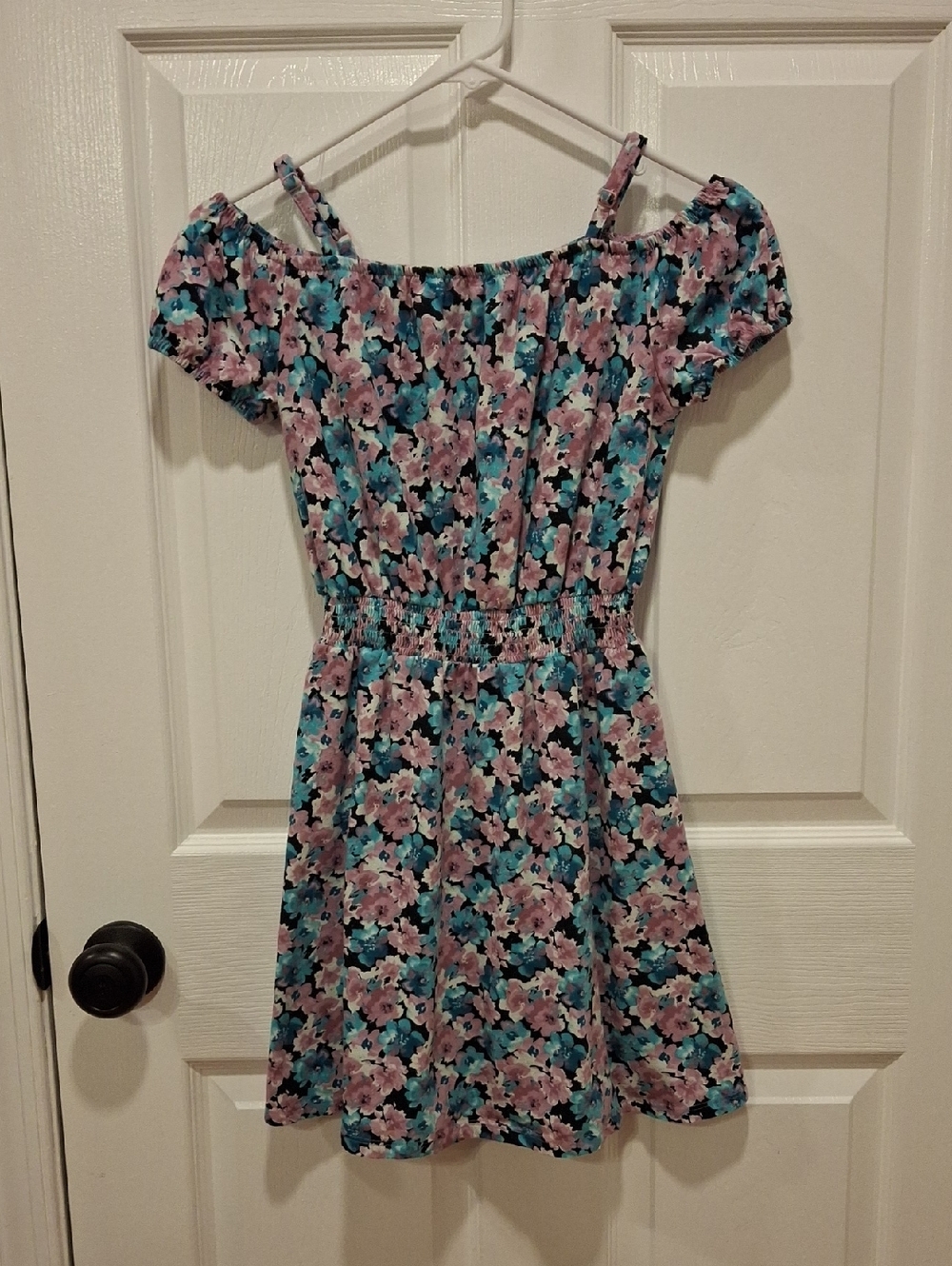 SO Floral Off-Shoulder Dress in Teal, Lavender & Black